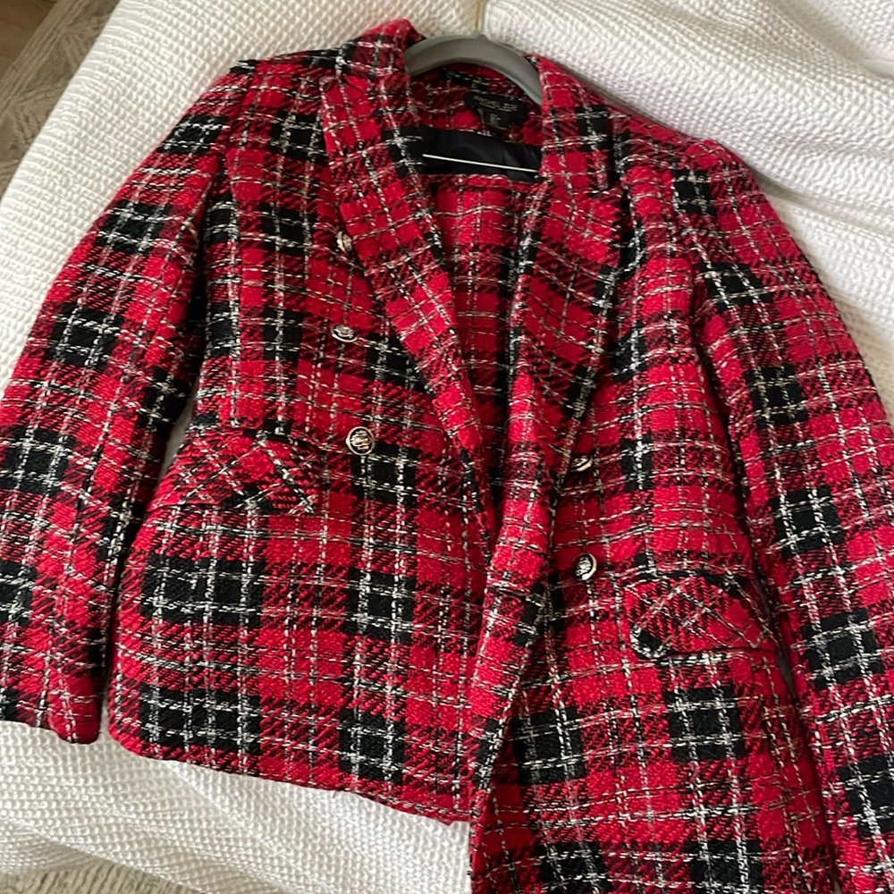Rachel Zoe Red and Black Plaid Tweed Blazer